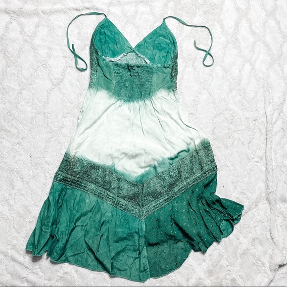 90’s Vintage L.S.I. Ombré Embroidered Tie Die Green Halter-neck Dress L - Picture 2 of 9